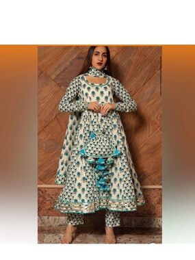 White & Teal Floral Long Sleeve Anarkali Dress with Matching Dupatta